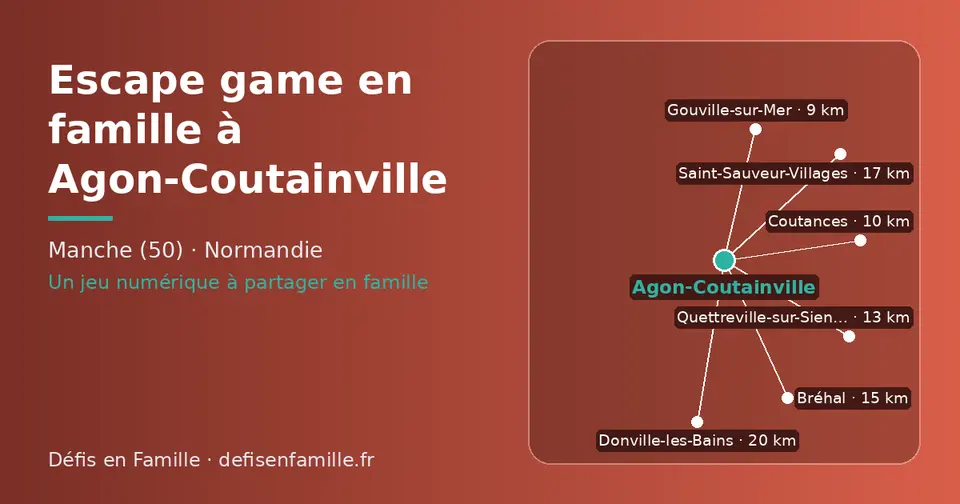 Carte schématique : Agon-Coutainville et les communes voisines présentées sur ce site (Gouville-sur-Mer, Coutances, Quettreville-sur-Sienne, Bréhal, Saint-Sauveur-Villages, Donville-les-Bains)