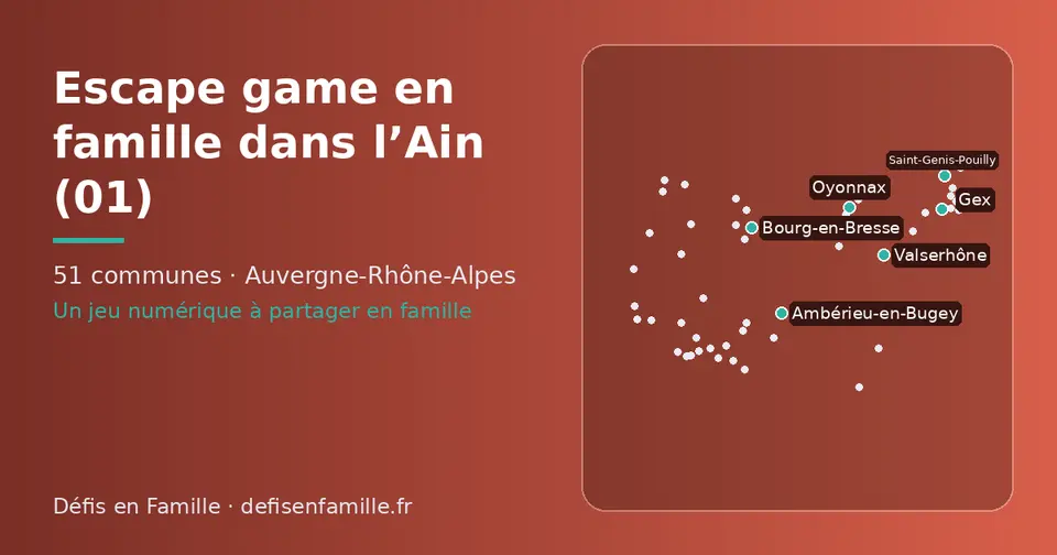 Carte schématique des 51 communes de l’Ain présentées sur ce site