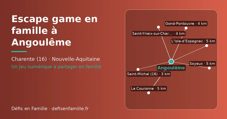 Carte schématique : Angoulême et les communes voisines présentées sur ce site (Saint-Michel (16), Gond-Pontouvre, Saint-Yrieix-sur-Charente, L’Isle-d’Espagnac, Soyaux, La Couronne)