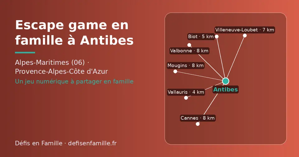 Carte schématique : Antibes et les communes voisines présentées sur ce site (Vallauris, Biot, Villeneuve-Loubet, Valbonne, Mougins, Cannes)
