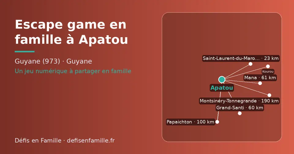 Carte schématique : Apatou et les communes voisines présentées sur ce site (Saint-Laurent-du-Maroni, Grand-Santi, Mana, Papaichton, Kourou, Montsinéry-Tonnegrande)