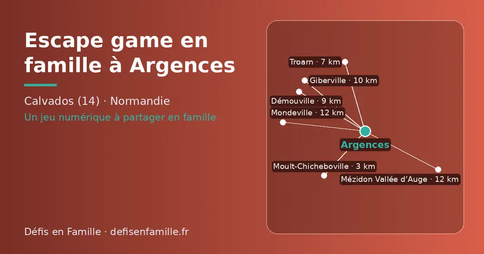 Carte schématique : Argences et les communes voisines présentées sur ce site (Moult-Chicheboville, Troarn, Démouville, Giberville, Mézidon Vallée d’Auge, Mondeville)