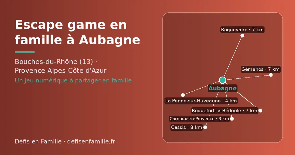 Carte schématique : Aubagne et les communes voisines présentées sur ce site (Carnoux-en-Provence, La Penne-sur-Huveaune, Roquevaire, Roquefort-la-Bédoule, Gémenos, Cassis)