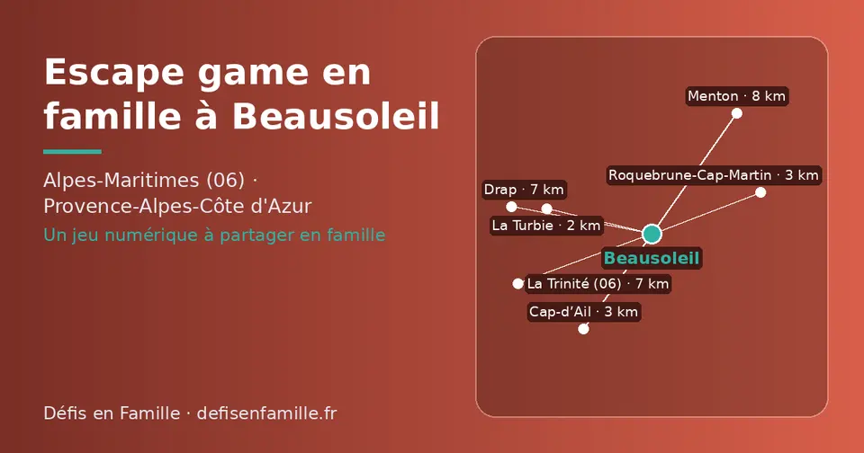 Carte schématique : Beausoleil et les communes voisines présentées sur ce site (La Turbie, Cap-d’Ail, Roquebrune-Cap-Martin, La Trinité (06), Drap, Menton)
