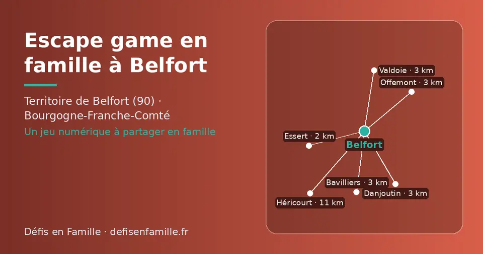 Carte schématique : Belfort et les communes voisines présentées sur ce site (Essert, Bavilliers, Valdoie, Offemont, Danjoutin, Héricourt)