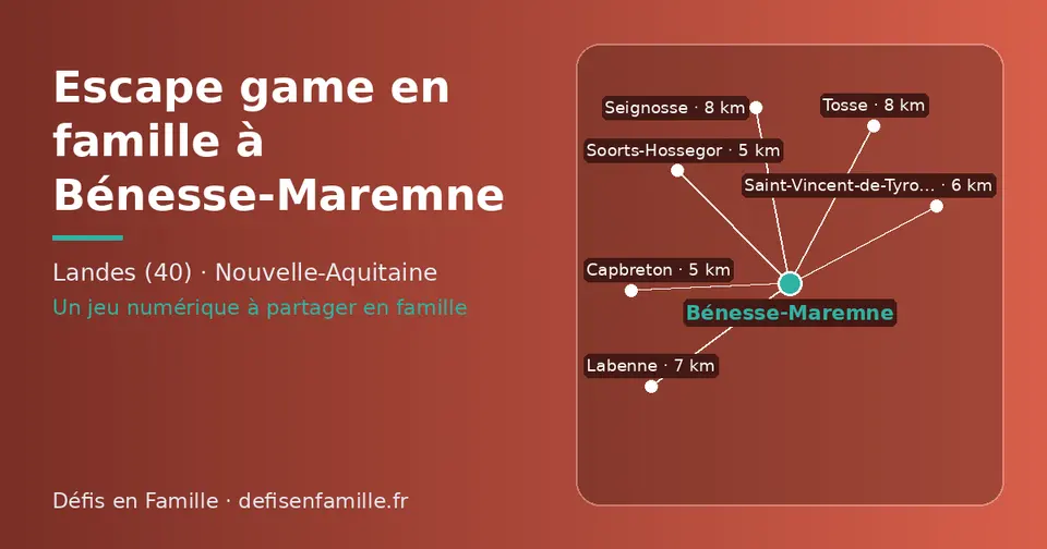 Carte schématique : Bénesse-Maremne et les communes voisines présentées sur ce site (Capbreton, Soorts-Hossegor, Saint-Vincent-de-Tyrosse, Labenne, Tosse, Seignosse)
