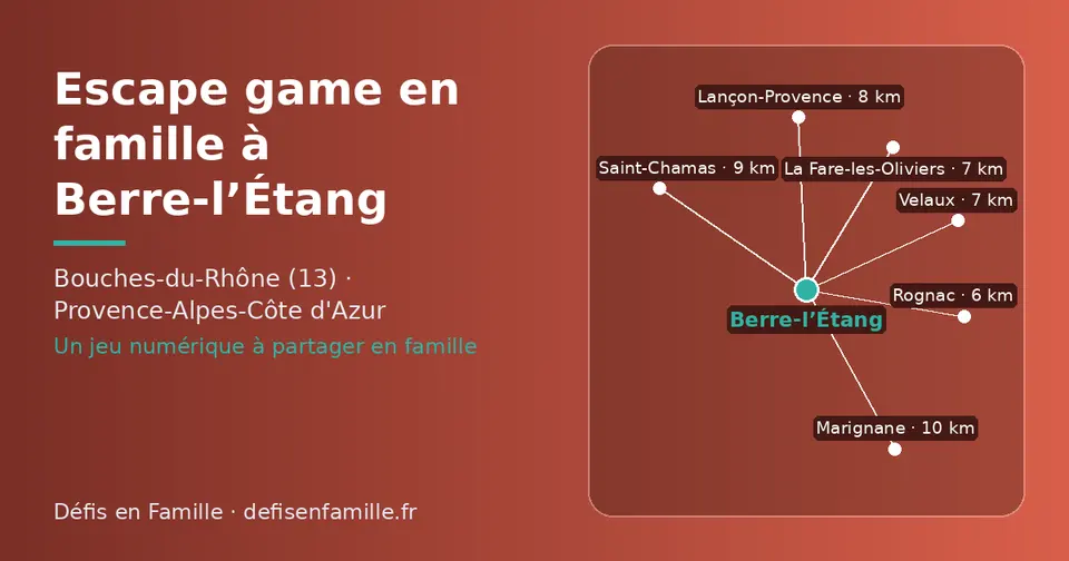 Carte schématique : Berre-l’Étang et les communes voisines présentées sur ce site (Rognac, La Fare-les-Oliviers, Velaux, Lançon-Provence, Saint-Chamas, Marignane)