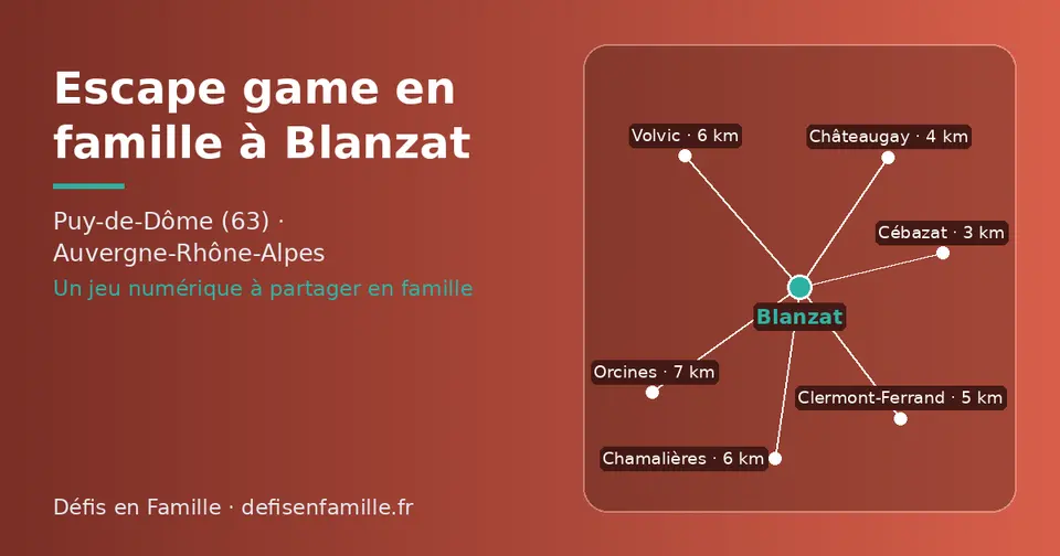 Carte schématique : Blanzat et les communes voisines présentées sur ce site (Cébazat, Châteaugay, Clermont-Ferrand, Chamalières, Volvic, Orcines)