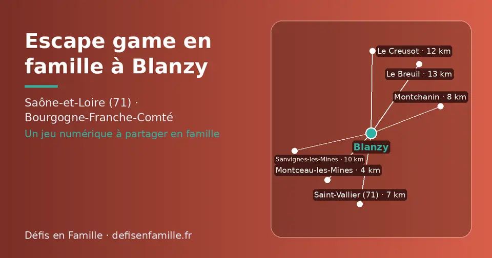 Carte schématique : Blanzy et les communes voisines présentées sur ce site (Montceau-les-Mines, Saint-Vallier (71), Montchanin, Sanvignes-les-Mines, Le Creusot, Le Breuil)