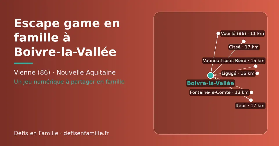 Carte schématique : Boivre-la-Vallée et les communes voisines présentées sur ce site (Vouillé (86), Fontaine-le-Comte, Vouneuil-sous-Biard, Ligugé, Iteuil, Cissé)