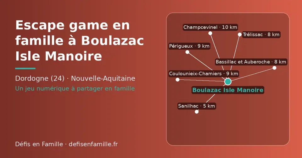 Carte schématique : Boulazac Isle Manoire et les communes voisines présentées sur ce site (Sanilhac, Bassillac et Auberoche, Trélissac, Périgueux, Coulounieix-Chamiers, Champcevinel)