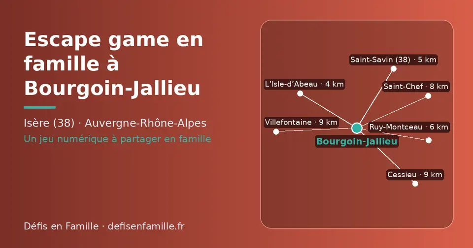 Carte schématique : Bourgoin-Jallieu et les communes voisines présentées sur ce site (L’Isle-d’Abeau, Saint-Savin (38), Ruy-Montceau, Saint-Chef, Cessieu, Villefontaine)