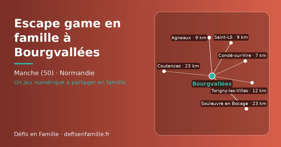 Carte schématique : Bourgvallées et les communes voisines présentées sur ce site (Condé-sur-Vire, Agneaux, Saint-Lô, Torigny-les-Villes, Souleuvre en Bocage, Coutances)