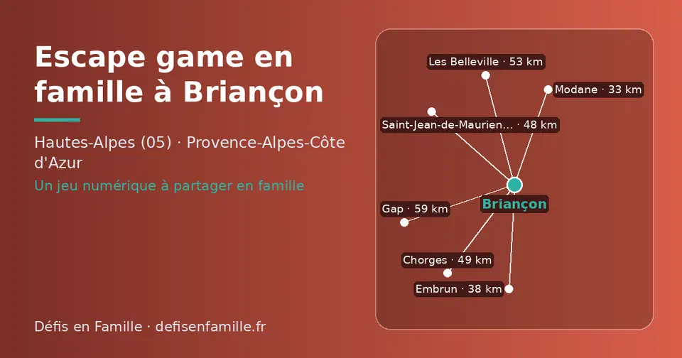 Carte schématique : Briançon et les communes voisines présentées sur ce site (Modane, Embrun, Saint-Jean-de-Maurienne, Chorges, Les Belleville, Gap)