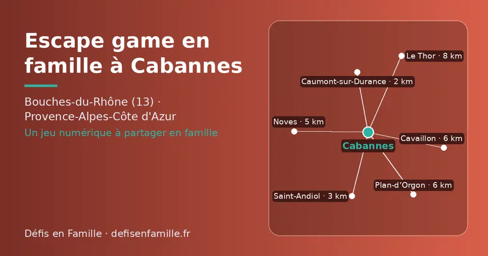 Carte schématique : Cabannes et les communes voisines présentées sur ce site (Caumont-sur-Durance, Saint-Andiol, Noves, Plan-d’Orgon, Cavaillon, Le Thor)