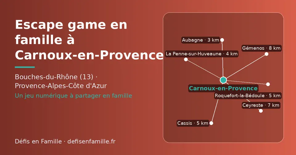 Carte schématique : Carnoux-en-Provence et les communes voisines présentées sur ce site (Aubagne, La Penne-sur-Huveaune, Cassis, Roquefort-la-Bédoule, Ceyreste, Gémenos)