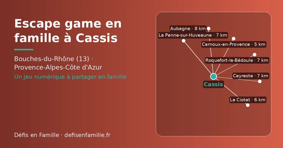 Carte schématique : Cassis et les communes voisines présentées sur ce site (Carnoux-en-Provence, La Ciotat, Ceyreste, La Penne-sur-Huveaune, Roquefort-la-Bédoule, Aubagne)