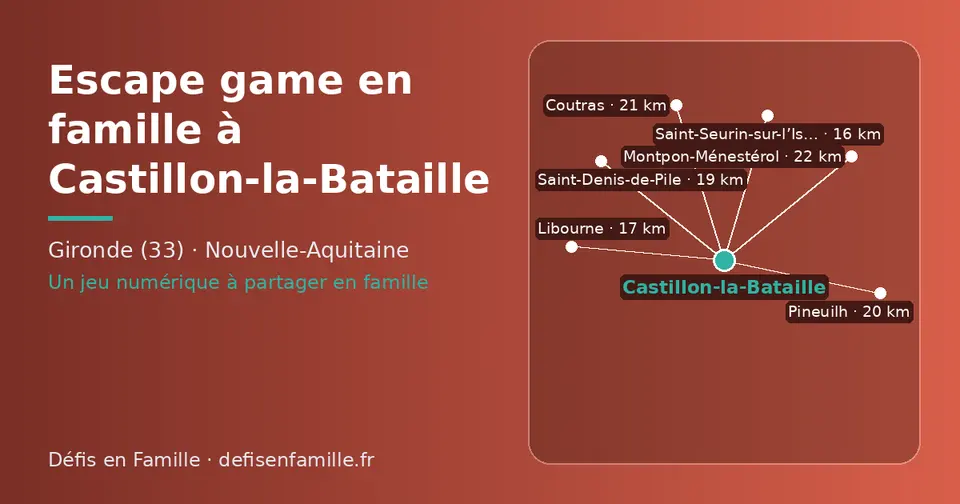 Carte schématique : Castillon-la-Bataille et les communes voisines présentées sur ce site (Saint-Seurin-sur-l’Isle, Libourne, Saint-Denis-de-Pile, Pineuilh, Coutras, Vayres)
