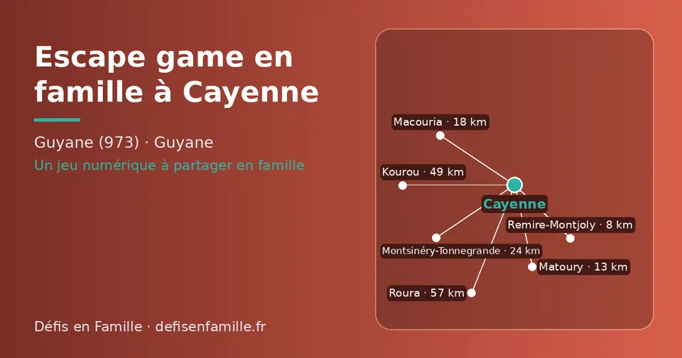 Carte schématique : Cayenne et les communes voisines présentées sur ce site (Remire-Montjoly, Matoury, Macouria, Montsinéry-Tonnegrande, Kourou, Roura)