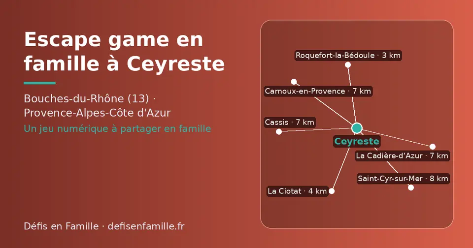 Carte schématique : Ceyreste et les communes voisines présentées sur ce site (Roquefort-la-Bédoule, La Ciotat, Cassis, Carnoux-en-Provence, La Cadière-d’Azur, Saint-Cyr-sur-Mer)