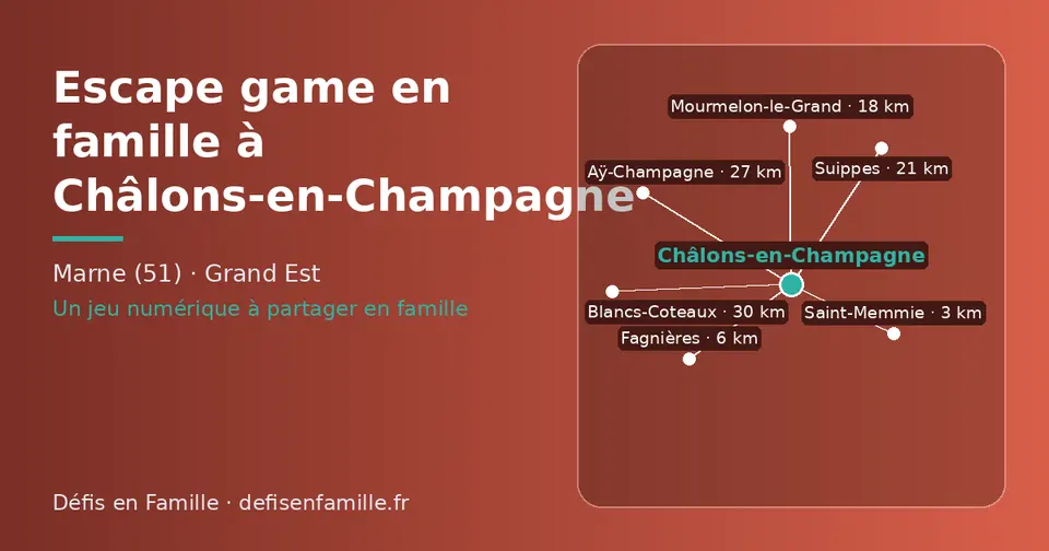 Carte schématique : Châlons-en-Champagne et les communes voisines présentées sur ce site (Saint-Memmie, Fagnières, Mourmelon-le-Grand, Suippes, Aÿ-Champagne, Blancs-Coteaux)