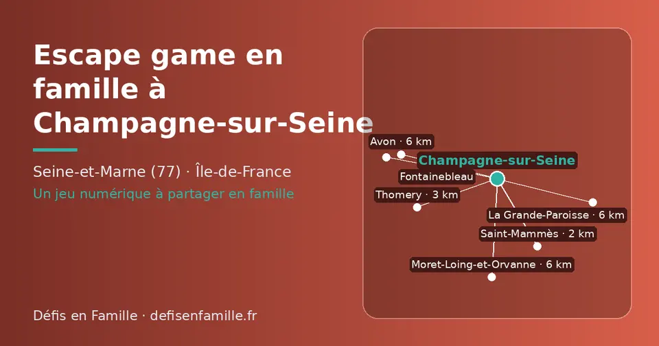 Carte schématique : Champagne-sur-Seine et les communes voisines présentées sur ce site (Saint-Mammès, Thomery, Avon, Moret-Loing-et-Orvanne, La Grande-Paroisse, Fontainebleau)