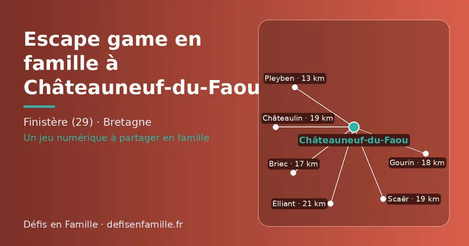 Carte schématique : Châteauneuf-du-Faou et les communes voisines présentées sur ce site (Pleyben, Briec, Gourin, Châteaulin, Scaër, Elliant)