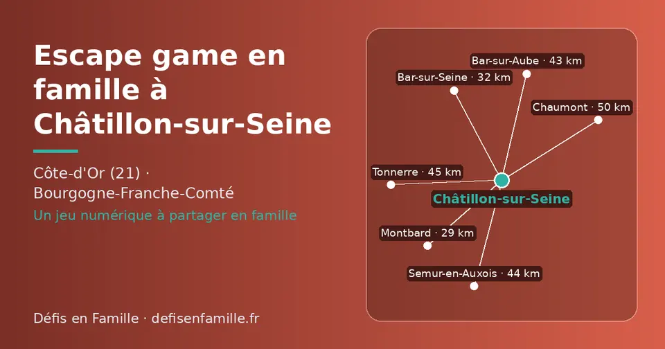 Carte schématique : Châtillon-sur-Seine et les communes voisines présentées sur ce site (Montbard, Bar-sur-Seine, Bar-sur-Aube, Semur-en-Auxois, Tonnerre, Chaumont)