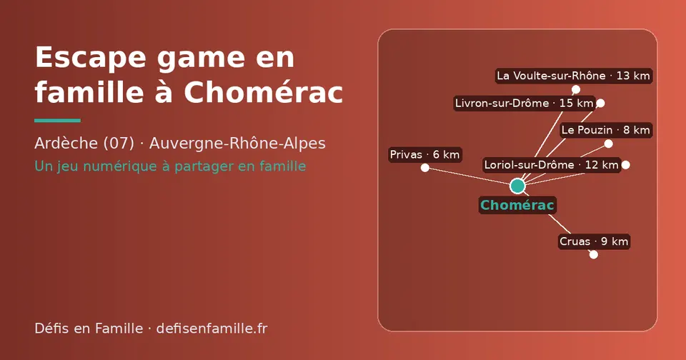 Carte schématique : Chomérac et les communes voisines présentées sur ce site (Privas, Le Pouzin, Cruas, Loriol-sur-Drôme, La Voulte-sur-Rhône, Livron-sur-Drôme)
