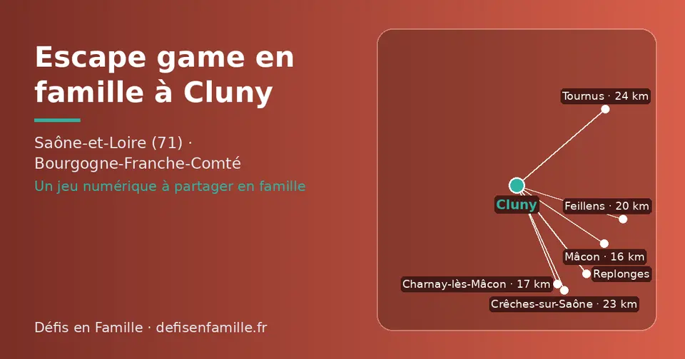Carte schématique : Cluny et les communes voisines présentées sur ce site (Mâcon, Charnay-lès-Mâcon, Feillens, Replonges, Crêches-sur-Saône, Tournus)