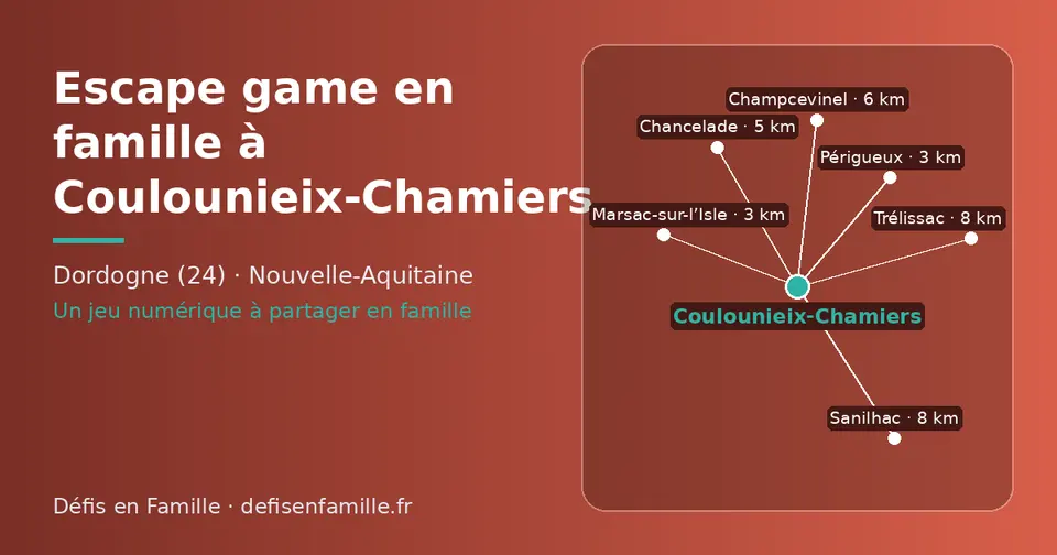 Carte schématique : Coulounieix-Chamiers et les communes voisines présentées sur ce site (Périgueux, Marsac-sur-l’Isle, Chancelade, Champcevinel, Trélissac, Sanilhac)