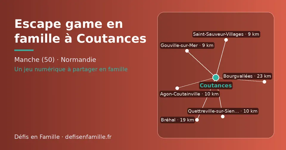 Carte schématique : Coutances et les communes voisines présentées sur ce site (Gouville-sur-Mer, Saint-Sauveur-Villages, Quettreville-sur-Sienne, Agon-Coutainville, Bréhal, Bourgvallées)