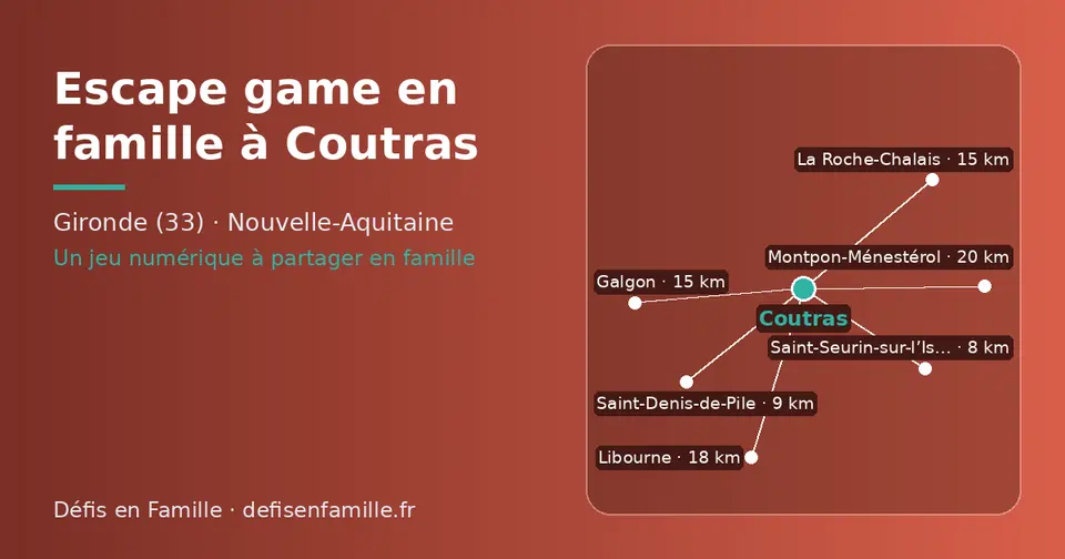 Carte schématique : Coutras et les communes voisines présentées sur ce site (Saint-Seurin-sur-l’Isle, Saint-Denis-de-Pile, Galgon, Libourne, Castillon-la-Bataille, Val de Virvée)