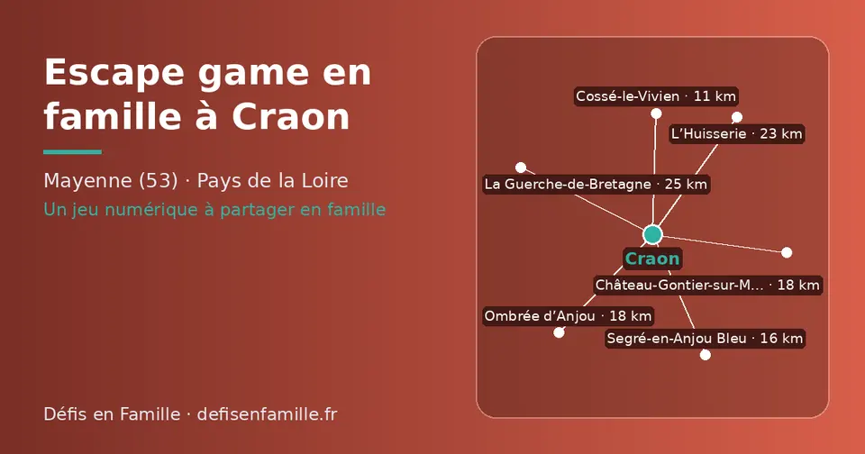 Carte schématique : Craon et les communes voisines présentées sur ce site (Cossé-le-Vivien, Segré-en-Anjou Bleu, Château-Gontier-sur-Mayenne, Ombrée d’Anjou, L’Huisserie, La Guerche-de-Bretagne)