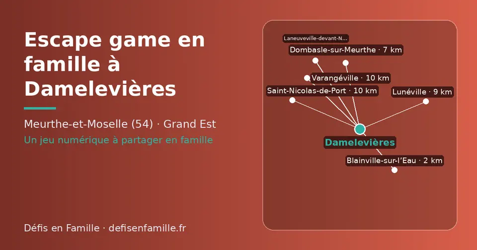 Carte schématique : Damelevières et les communes voisines présentées sur ce site (Blainville-sur-l’Eau, Dombasle-sur-Meurthe, Lunéville, Saint-Nicolas-de-Port, Varangéville, Laneuveville-devant-Nancy)
