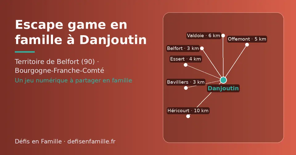 Carte schématique : Danjoutin et les communes voisines présentées sur ce site (Bavilliers, Belfort, Essert, Offemont, Valdoie, Héricourt)