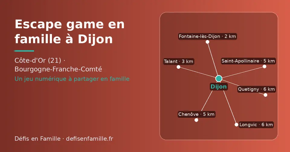 Carte schématique : Dijon et les communes voisines présentées sur ce site (Fontaine-lès-Dijon, Talant, Saint-Apollinaire, Chenôve, Longvic, Quetigny)