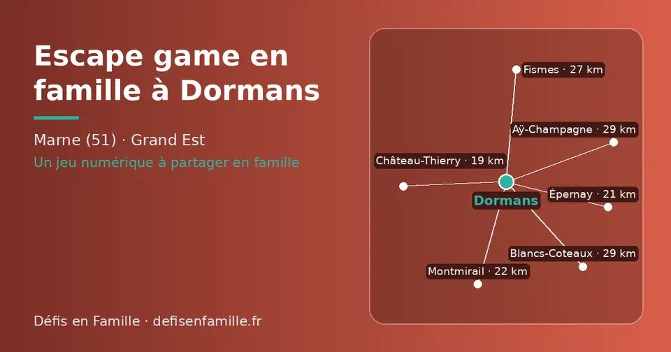 Carte schématique : Dormans et les communes voisines présentées sur ce site (Château-Thierry, Épernay, Montmirail, Fismes, Blancs-Coteaux, Aÿ-Champagne)
