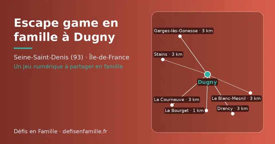 Carte schématique : Dugny et les communes voisines présentées sur ce site (Le Bourget, La Courneuve, Le Blanc-Mesnil, Garges-lès-Gonesse, Stains, Drancy)