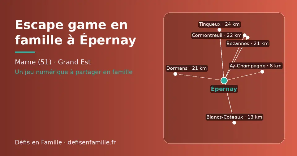 Carte schématique : Épernay et les communes voisines présentées sur ce site (Aÿ-Champagne, Blancs-Coteaux, Dormans, Bezannes, Cormontreuil, Tinqueux)
