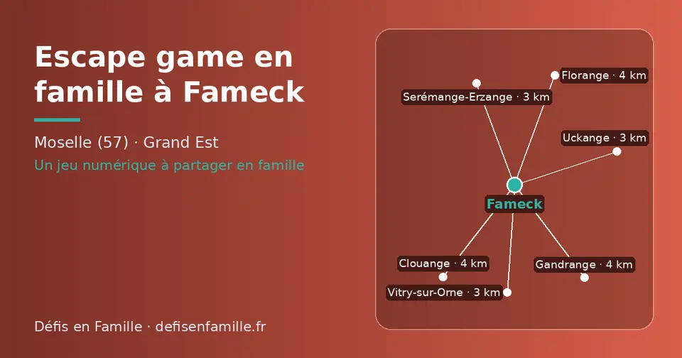 Carte schématique : Fameck et les communes voisines présentées sur ce site (Vitry-sur-Orne, Serémange-Erzange, Uckange, Gandrange, Florange, Clouange)