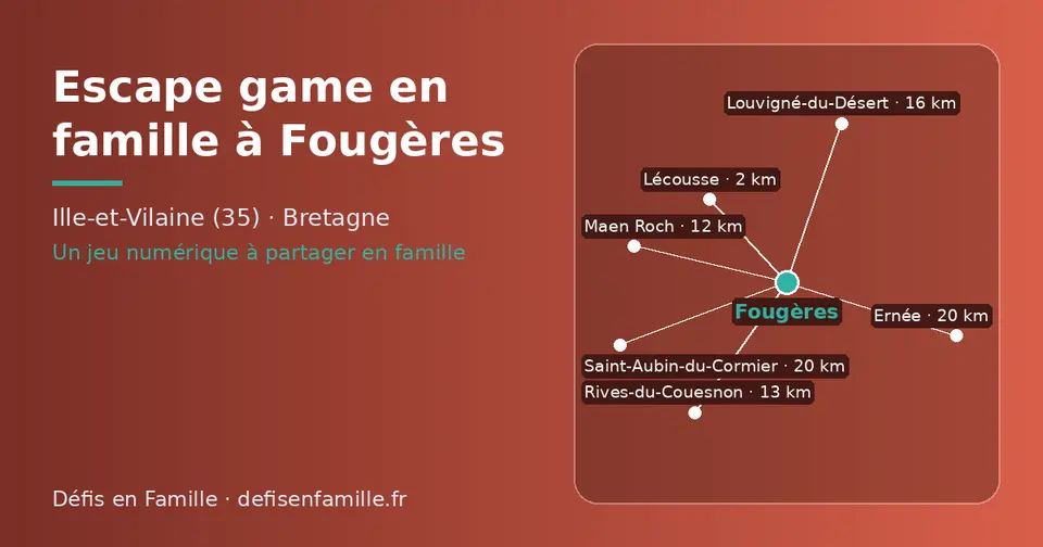 Carte schématique : Fougères et les communes voisines présentées sur ce site (Lécousse, Maen Roch, Rives-du-Couesnon, Louvigné-du-Désert, Saint-Aubin-du-Cormier, Ernée)