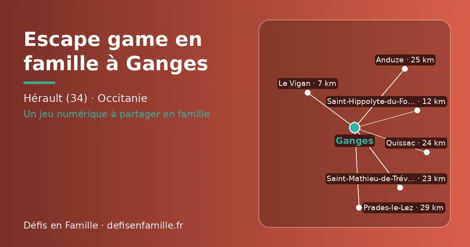 Carte schématique : Ganges et les communes voisines présentées sur ce site (Le Vigan, Saint-Hippolyte-du-Fort, Saint-Mathieu-de-Tréviers, Quissac, Anduze, Prades-le-Lez)