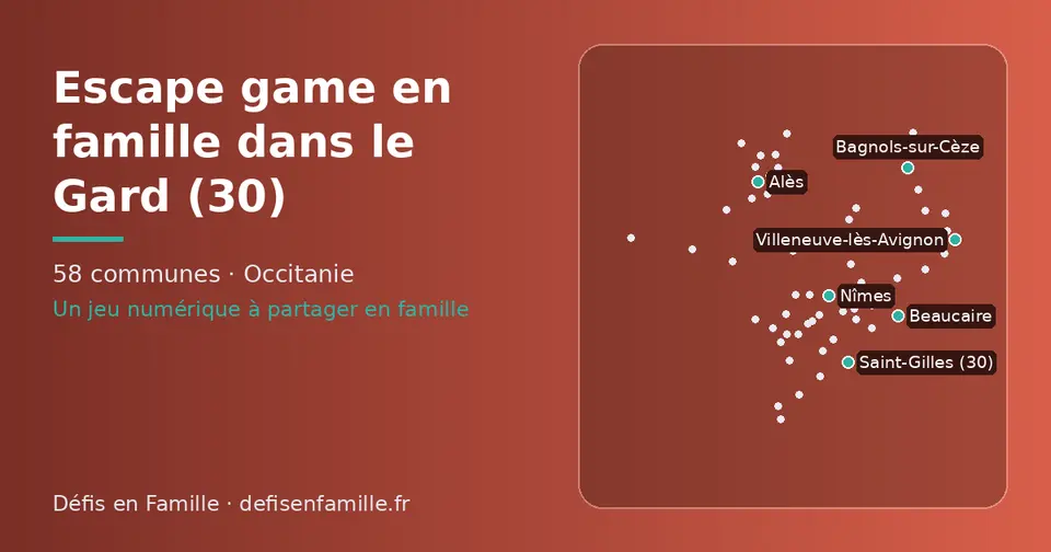 Carte schématique des 58 communes du Gard présentées sur ce site