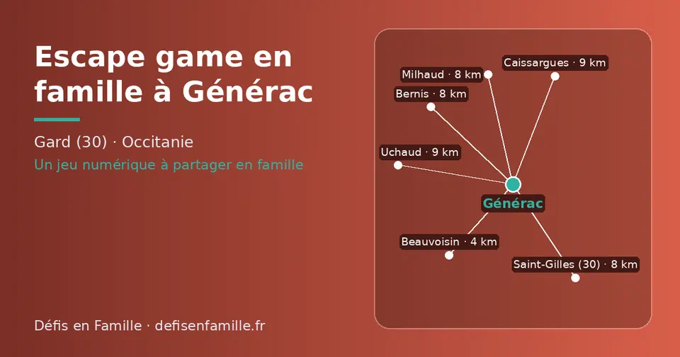 Carte schématique : Générac et les communes voisines présentées sur ce site (Beauvoisin, Saint-Gilles (30), Bernis, Milhaud, Caissargues, Uchaud)