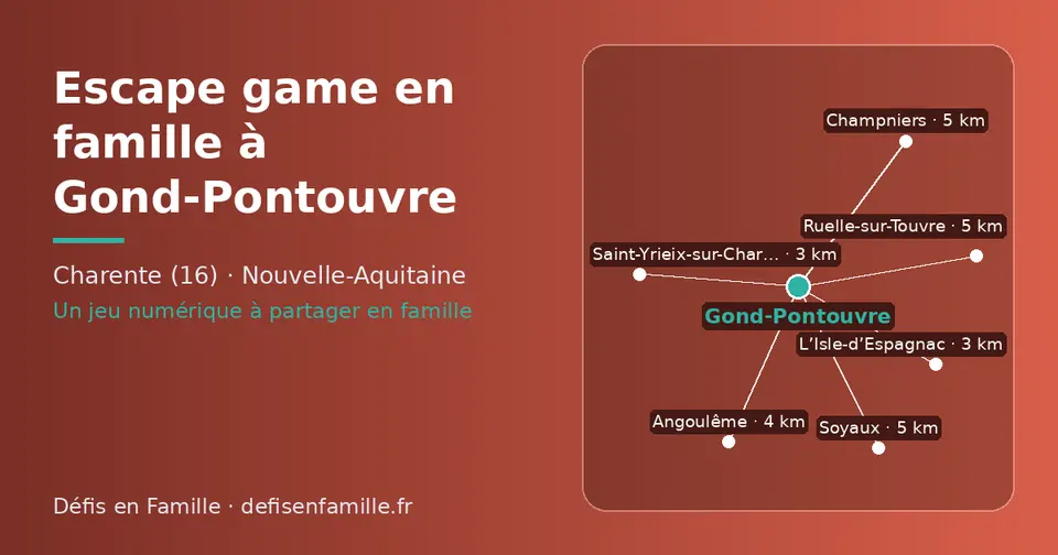 Carte schématique : Gond-Pontouvre et les communes voisines présentées sur ce site (Saint-Yrieix-sur-Charente, L’Isle-d’Espagnac, Angoulême, Ruelle-sur-Touvre, Champniers, Soyaux)