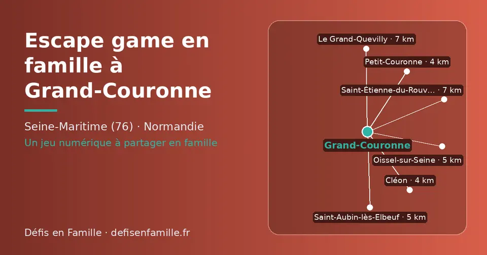 Carte schématique : Grand-Couronne et les communes voisines présentées sur ce site (Petit-Couronne, Cléon, Oissel-sur-Seine, Saint-Aubin-lès-Elbeuf, Saint-Étienne-du-Rouvray, Le Grand-Quevilly)