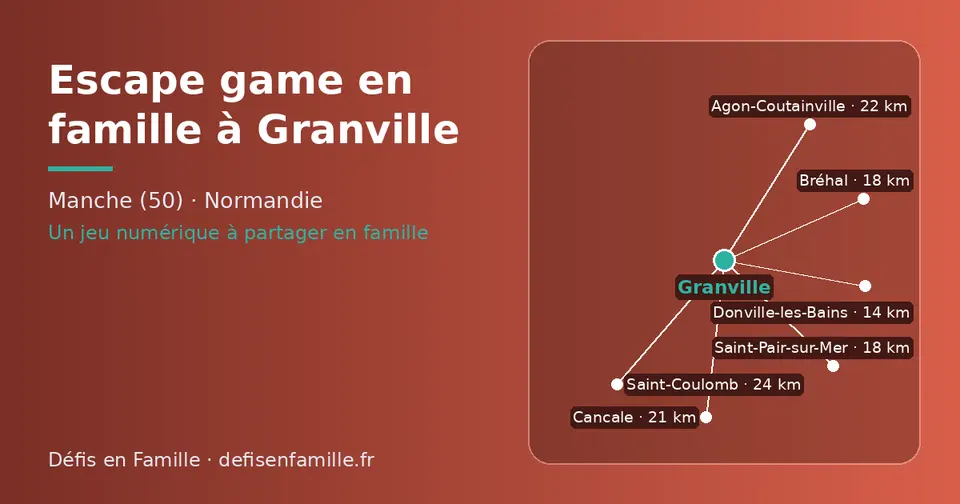 Carte schématique : Granville et les communes voisines présentées sur ce site (Donville-les-Bains, Bréhal, Saint-Pair-sur-Mer, Cancale, Agon-Coutainville, Saint-Coulomb)