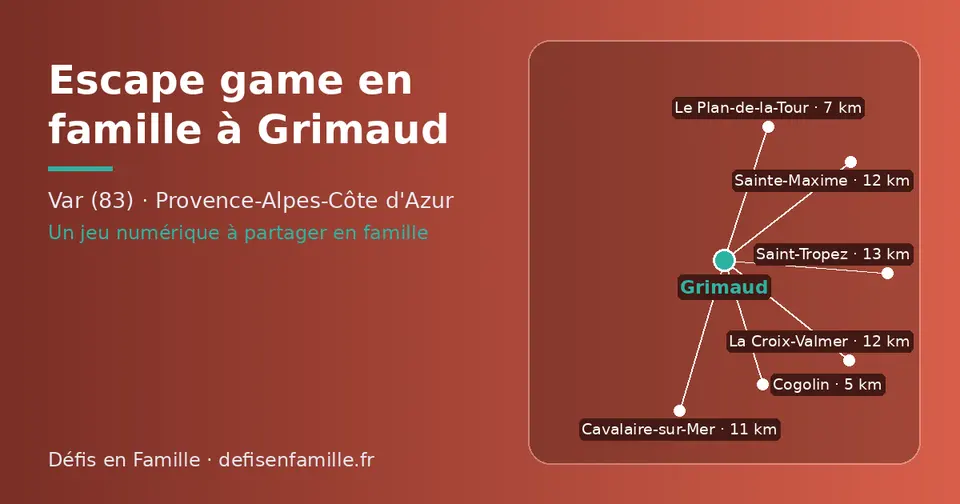 Carte schématique : Grimaud et les communes voisines présentées sur ce site (Cogolin, Le Plan-de-la-Tour, Cavalaire-sur-Mer, Sainte-Maxime, La Croix-Valmer, Saint-Tropez)