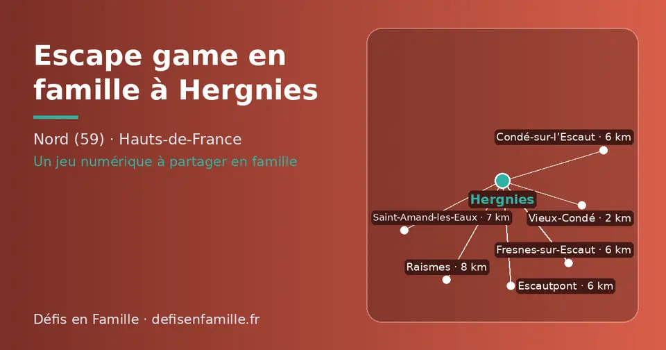 Carte schématique : Hergnies et les communes voisines présentées sur ce site (Vieux-Condé, Condé-sur-l’Escaut, Escautpont, Fresnes-sur-Escaut, Saint-Amand-les-Eaux, Raismes)